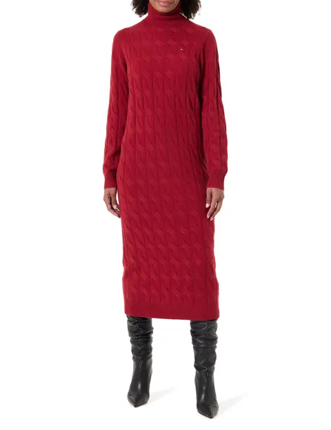 Tommy Hilfiger Donna Abito in Maglia Soft Wool Cable con Collo Alto, Rosso (Regatta Red)