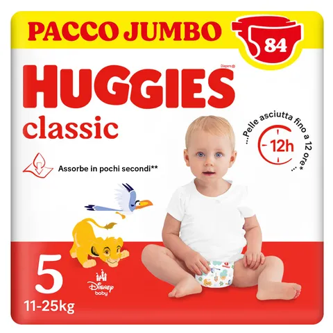 Huggies Classic, Pannolini Taglia 5 (11-25Kg), Protezione completa, Pacco Jumbo, 84 Pz