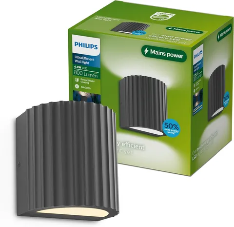 Applique da esterno Philips Zyra, 800 lm, 2700 K, PowerShield, IP44 resistente alle intemperie, durevole, alluminio, design moderno, LED integrato, grigio antracite