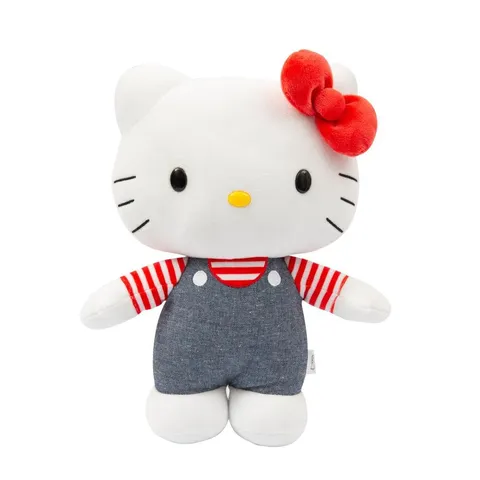 Hello Kitty Peluche 30 cm con Outfit Moda, Tutina Jeans, Fiocco Rosso, Maglia A Righe