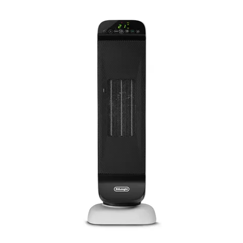 De'Longhi Termoventilatore Ceramico a Torre, 2 Livelli di Potenza, Telecomando, Timer 24 ore, Funzione Rotante ed Eco, Termostato di Sicurezza, per Stanze fino a 60 m3, 2000W, HFX25S20, Bianco/Nero