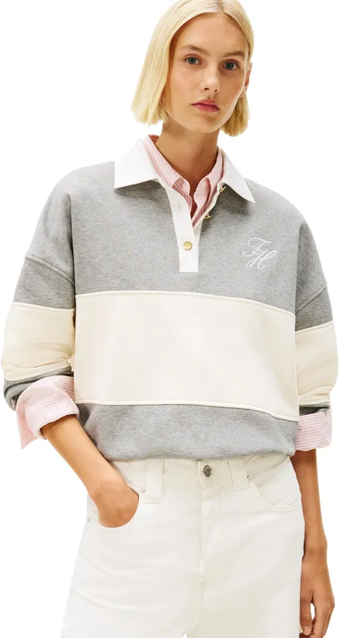 Tommy Hilfiger Donna Felpa Gold BTN Rugby Fleece Swtsrt con Chiusura a Bottoni, Grigio