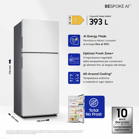 Samsung Frigorifero Doppia Porta Bespoke AI RT38CB6624C1ES, WiFi, All Around Cooling