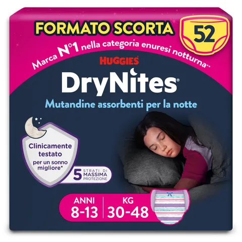 Huggies Drynites Pannolini, Taglia L (30-48 Kg), Mutandine assorbenti bambina, 8-13 anni, 52 Pz
