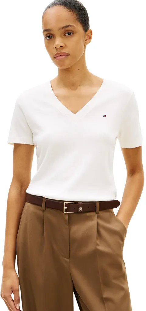 Tommy Hilfiger Donna T-Shirt Maniche Corte New Slim Cody con Scollo a V, Bianco (NOS Ecru), M