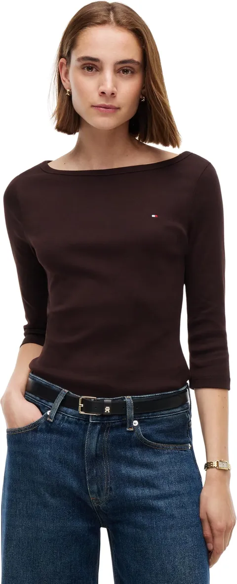 Tommy Hilfiger Donna Maglietta Maniche Lunghe Cody con Scollo a Barca, Marrone