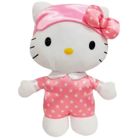 Hello Kitty Peluche Luminoso con Melodia per Nanna, 30 cm, Pigiamino Rosa con Stelle, per