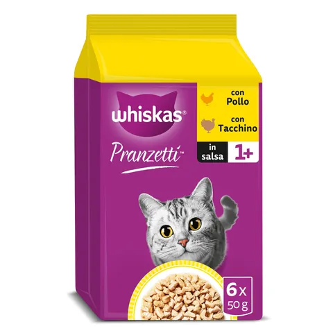 WHISKAS PRANZETTI Cibo Umido in Salsa per Gatti Adulti 6x50g Pollame, confezione da 12