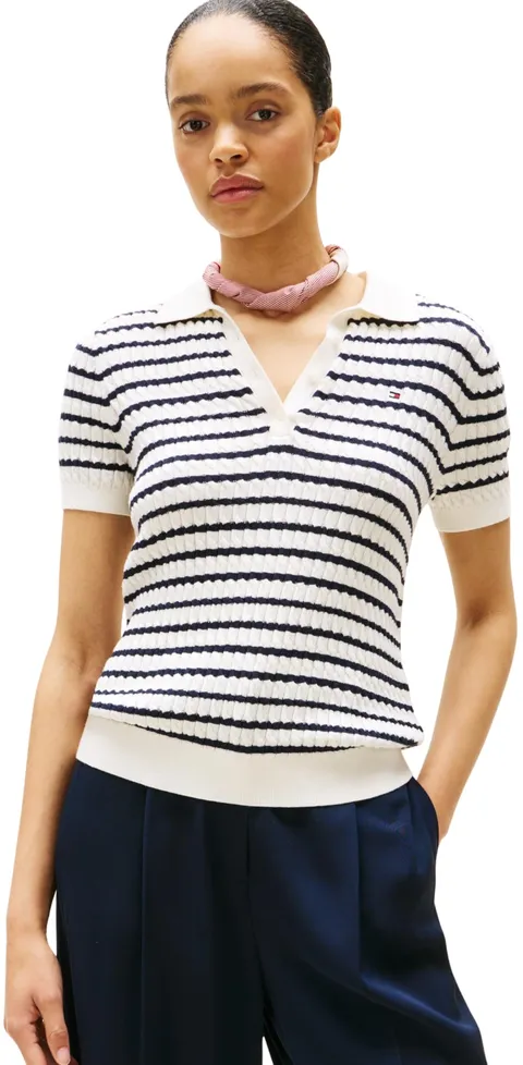 Tommy Hilfiger Donna Maglietta Polo Maniche Corte Cable Sweater con Chiusura a Bottoni