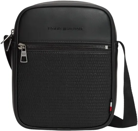 Tommy Hilfiger Uomo Borsa a Tracolla Woven Mini Reporter con Tasca Esterna, Nero (Black)