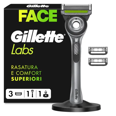 GilletteLabs Rasoio A Mano Libera Con Barra Esfoliante, 1 Manico + 3 Lametta Di Ricambio