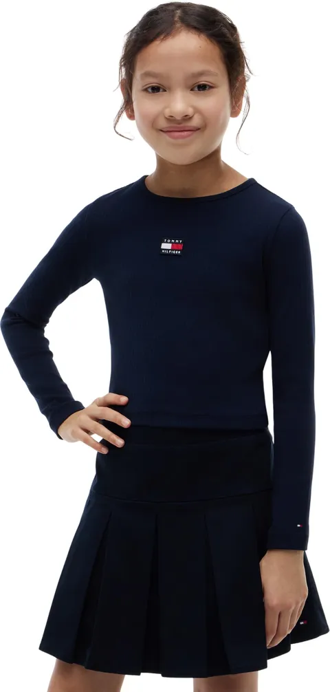 Tommy Hilfiger Bambina Maglietta Maniche Lunghe Heritage Flag a Costine, Blu (Dark Night