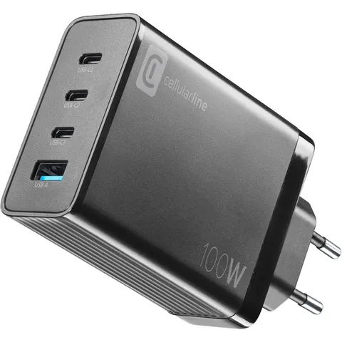 Cellularline - NANO GAN 100W - Caricabatterie da rete 100W con 4 porte - Tecnologia Gan