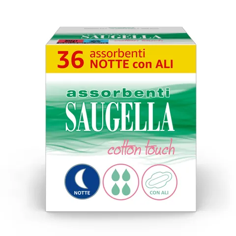 Saugella Assorbenti Cotton Touch Notte, 36 Assorbenti Cotone Notte con Ali, Azione
