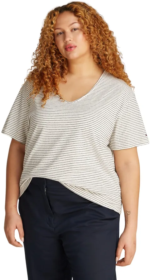Tommy Hilfiger Donna T-Shirt Maniche Corte Modern Linen con Scollo a V, Multicolore