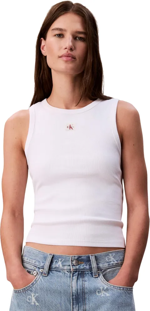 Calvin Klein Donna Canotta Woven Label Rib con Logo, Bianco (Brilliant White), XXL