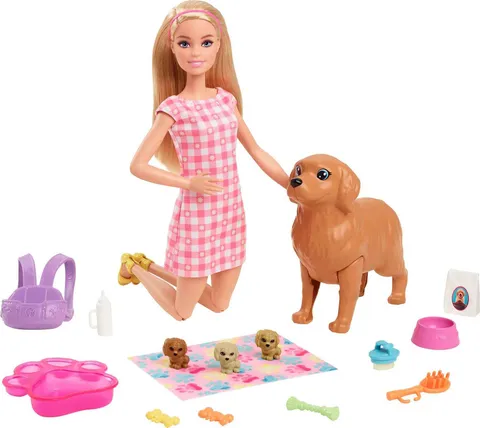 Barbie-Playset Cuccioli Appena Nati con Bambola Barbie Bionda, Cane che Partorisce, 3