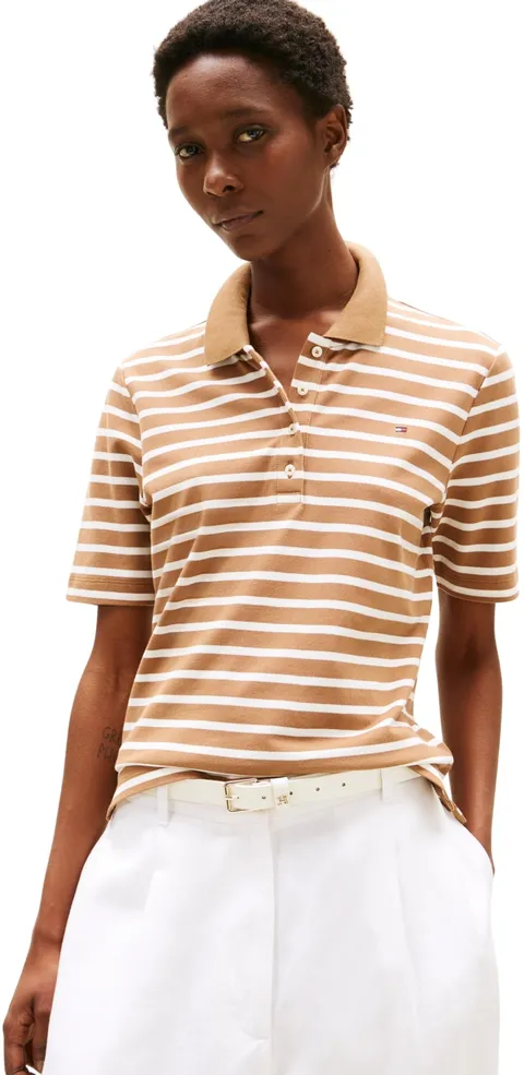 Tommy Hilfiger Donna Maglietta Polo Maniche Corte 1985 Pique Regular Fit, Multicolore (Hickory/Ecru STP), XS