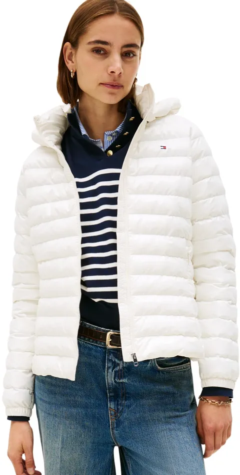 Tommy Hilfiger Donna Giacca Imbottita Padded Slim con Cappuccio, Bianco (Ivory Silk), XL