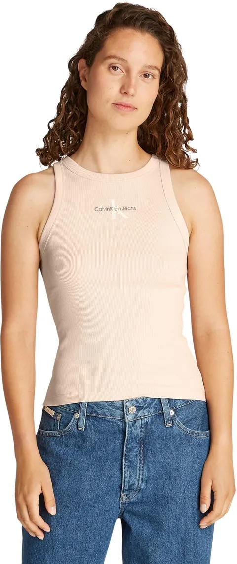 Calvin Klein Donna Canotta Monologo Rib Skinny Fit, Beige (Brazilian Sand), XL