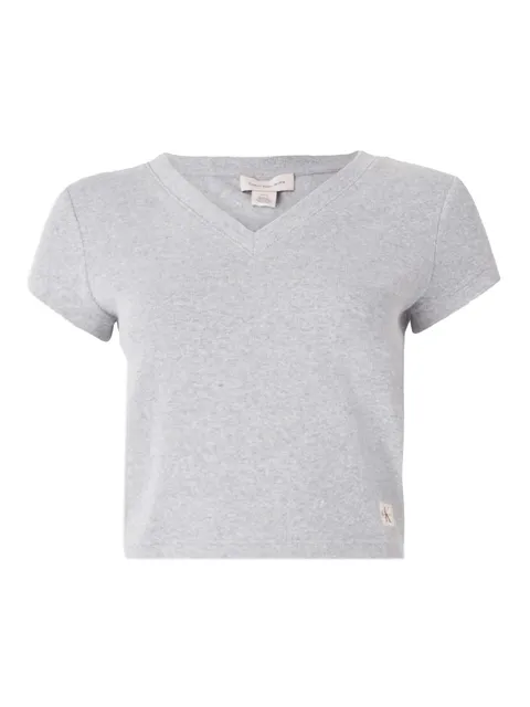 Calvin Klein Donna T-Shirt Maniche Corte Woven Label Rib Tee con Scollo a V, Grigio (Bc06 Grey Heather), L