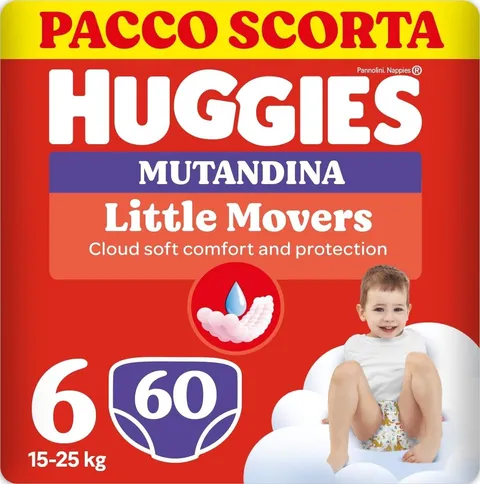 Huggies Little Movers Pannolino Mutandina, Taglia 6 (15-25 Kg), Confezione da 60 Pannolini (30x2)