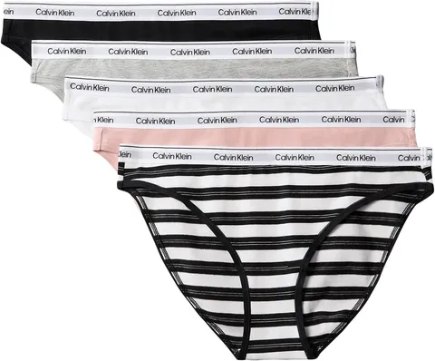 Calvin Klein Slip Bikini da Donna a Vita Bassa, Confezione da 5, Nero/Bianco Classico/Triplo Righe S, S