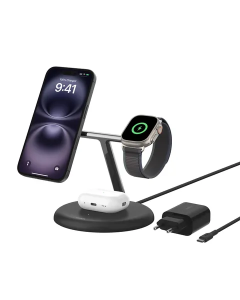 Belkin Supporto di Ricarica Wireless Magnetica 3 in 1 con Qi2 15W, Compatibile con