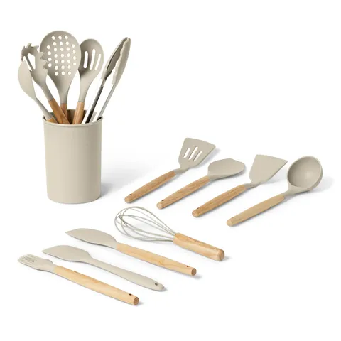 Amazon Basics Utensili da Cucina in Silicone con Manico in Legno, Set di 14 Pezzi, Senza
