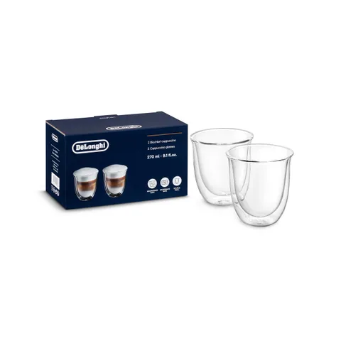 De'Longhi Bicchieri Cappuccino, Tazze di Vetro a Doppia Parete, Vetro Borosilicato ritenzione del calore, Capacità 270 ml, Set di 2, DLSC311, Trasparente