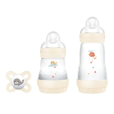 MAM Biberon Set Neonato con 2 biberon anticolica Easy Start 130 ml e 260 ml e Ciuccio Original Start, Riduce bolle d'aria e il rischio di coliche, Accessori neonati con tettarella in silicone, Neutro