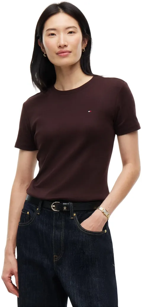 Tommy Hilfiger Donna T-Shirt Maniche Corte New Slim Cody Scollo Rotondo, Marrone