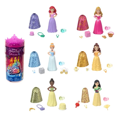 Mattel Disney Princess - Royal Color Reveal Collezione Party, bambola con 6 sorprese da