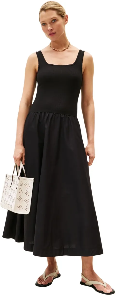 Tommy Hilfiger Donna Abito Rib Midi Mix Fit & Flare, Nero (Black), S