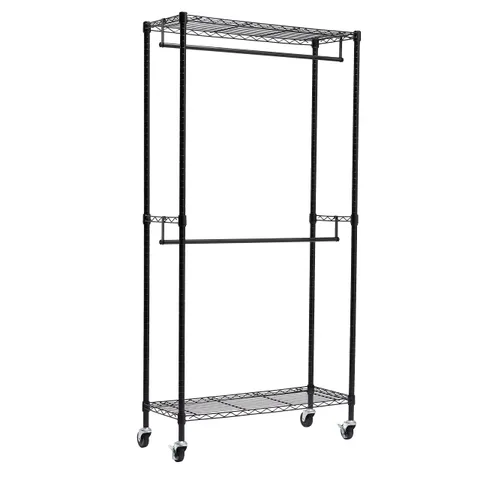 Amazon Basics Stand appendiabiti a doppia barra con rotelle - Nero, 91cm x 35.5 cm x 183