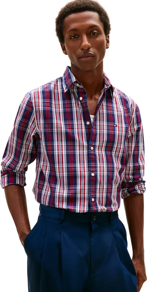 Tommy Hilfiger Camicia da Uomo Flex Poplin a Quadri M MW0MW41712 L/S, Blu, XL, Blu