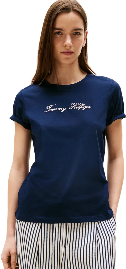 Tommy Hilfiger Donna T-Shirt Maniche Corte Lurex Script con Scollo Rotondo, Blu (Dark Night Navy), XS