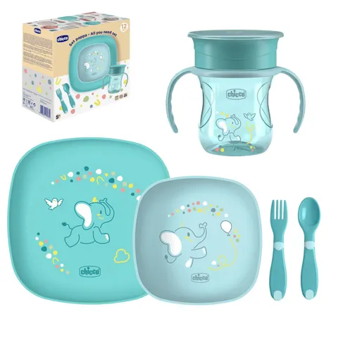 Chicco Set Svezzamento 12M+ (tazza, piatti, posate) Blu