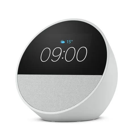 Amazon Echo Spot (modello 2024) | Sveglia intelligente con audio di qualità | Bianco, con Accesso Anticipato ad Alexa+