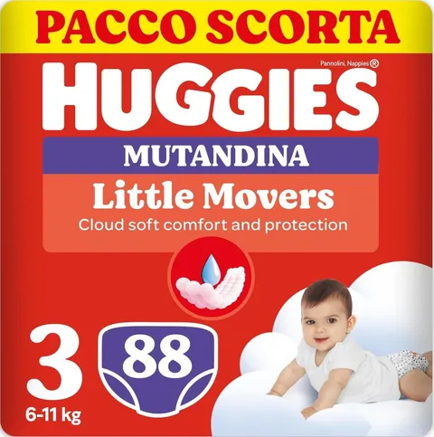 Huggies Little Movers Pannolini Mutandina Taglia 3 (6-11 Kg), Ultra assorbente, Protezione completa, 88 Pz