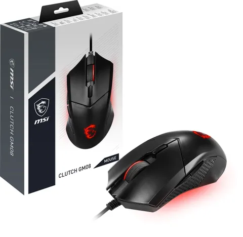 msi Clutch GM08 - Mouse Gaming simmetrico USB, LED Rosso, Sensore Ottico PAW 3519 (4200 DPI), Switch fino a 10 mln di click, sistema di pesi modificabili, Nero