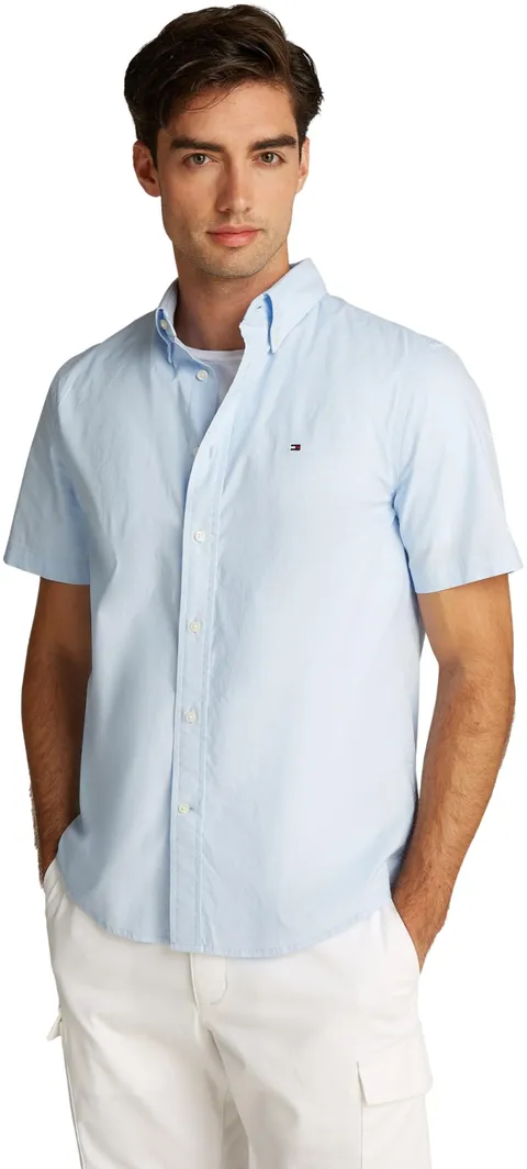 Tommy Hilfiger Uomo Camicia Flex Poplin Solid Maniche Corte, Blu (Sweet Blue), XS