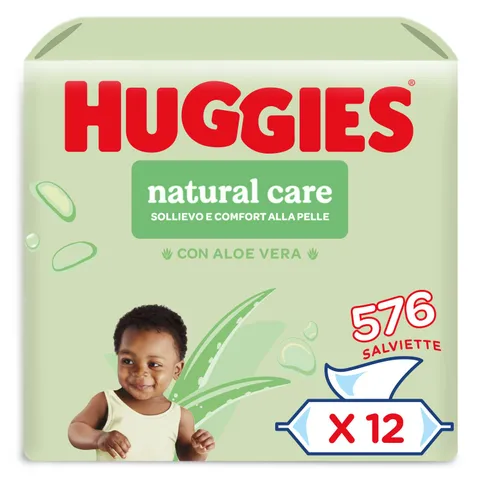 Huggies Natural Care, Salviette neonato, Dermatologicamente testate, con Aloe Vera, 70% fibre assorbenti naturali, 12 Pacchi da 48 Pezzi