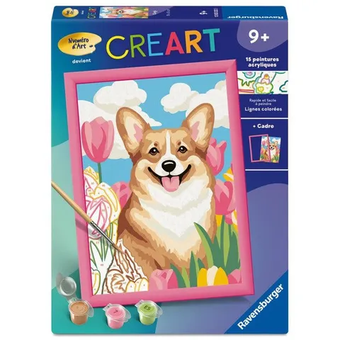 Ravensburger - CreArt Kids 18 x 24 cm - Numero d'Arte - Corgi - Kit di Pittura con Numeri