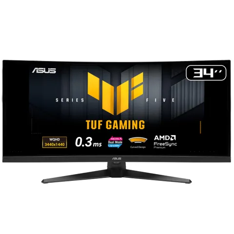 ASUS TUF Gaming VG34WQ5A, Monitor Gaming Curvo Serie 5 da 34" WQHD Fast VA (3440x1440), 0,5ms (GTG), Doppia Modalità (WQHD 200Hz or HD 400Hz), ELMB SYNC, DisplayWidget Center, Gaming AI, Nero