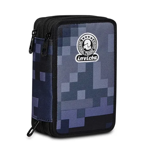 Invicta Astuccio Scuola 3 Zip Fantasy, Blu, Pixel Camo Blue, Completo di Penne, Matite