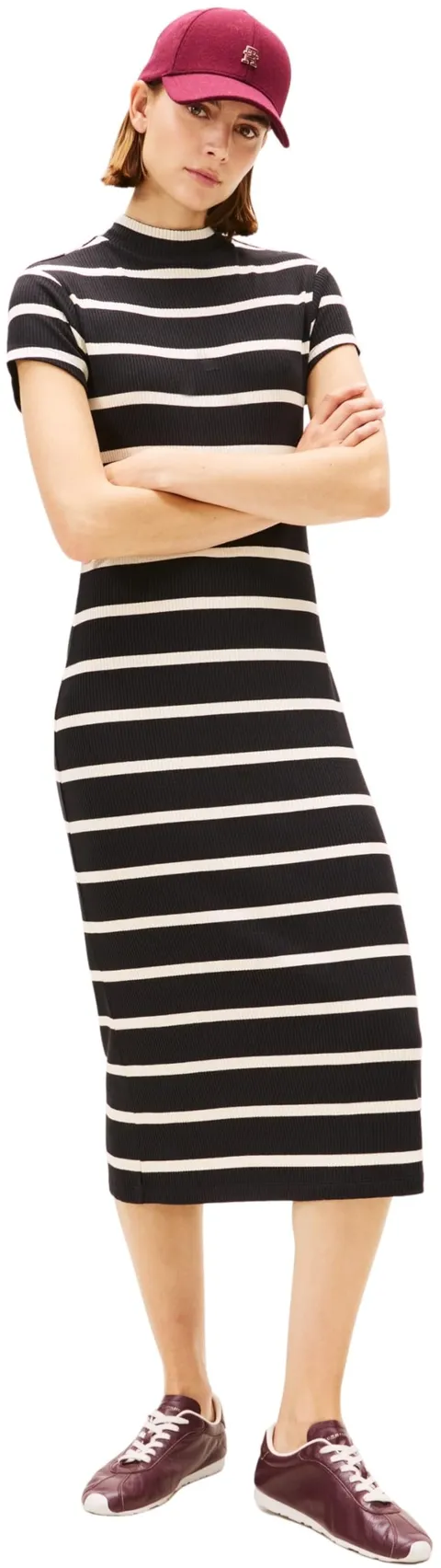 Tommy Hilfiger Donna Abito Attillato Slim Rib con Collo a Lupetto, Nero (Black/Calico