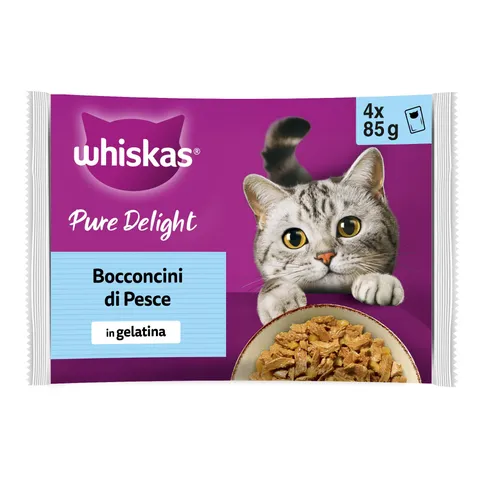 WHISKAS PURE DELIGHT Cibo Umido in Gelatina per Gatti Adulti 4x85g Bocconcini di Pesce, confezione da 13