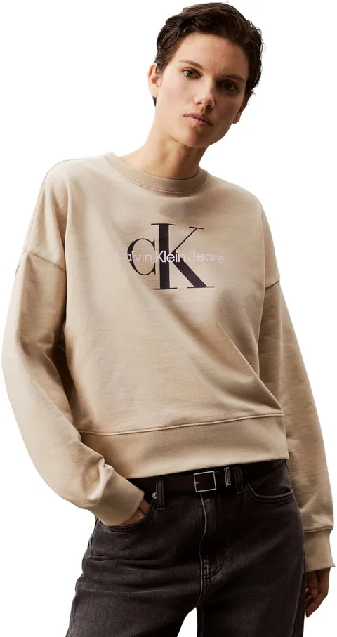 Calvin Klein Donna Felpa Monologo French Terry con Scollo Rotondo, Beige (White Pepper)