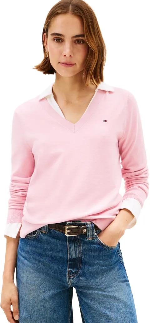 Tommy Hilfiger Co Jersey Stitch V-Nk Sweater Ww0Ww40098, Maglione Pullover, Donna, Rosa